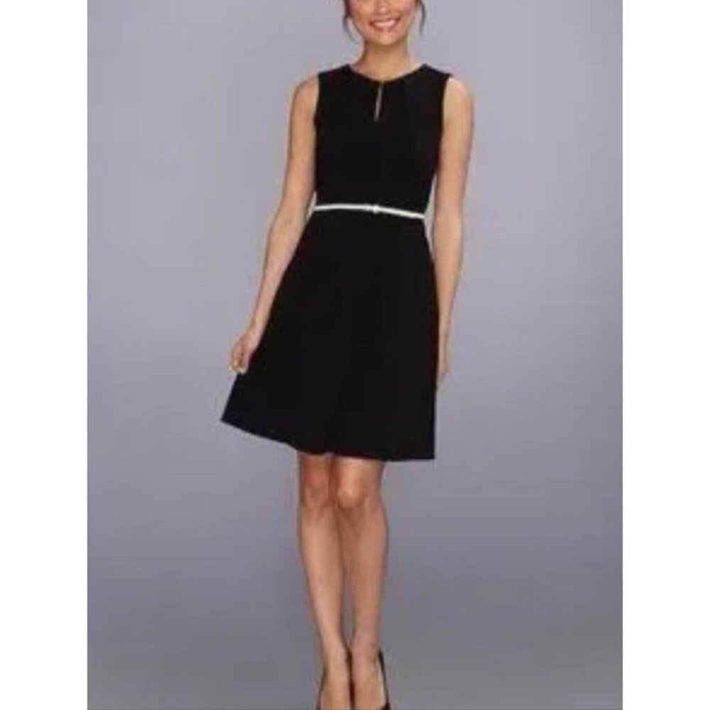 Calvin Klein Dress Black 6 Career Church W Ivory Belt Sleeveless A Line NEW